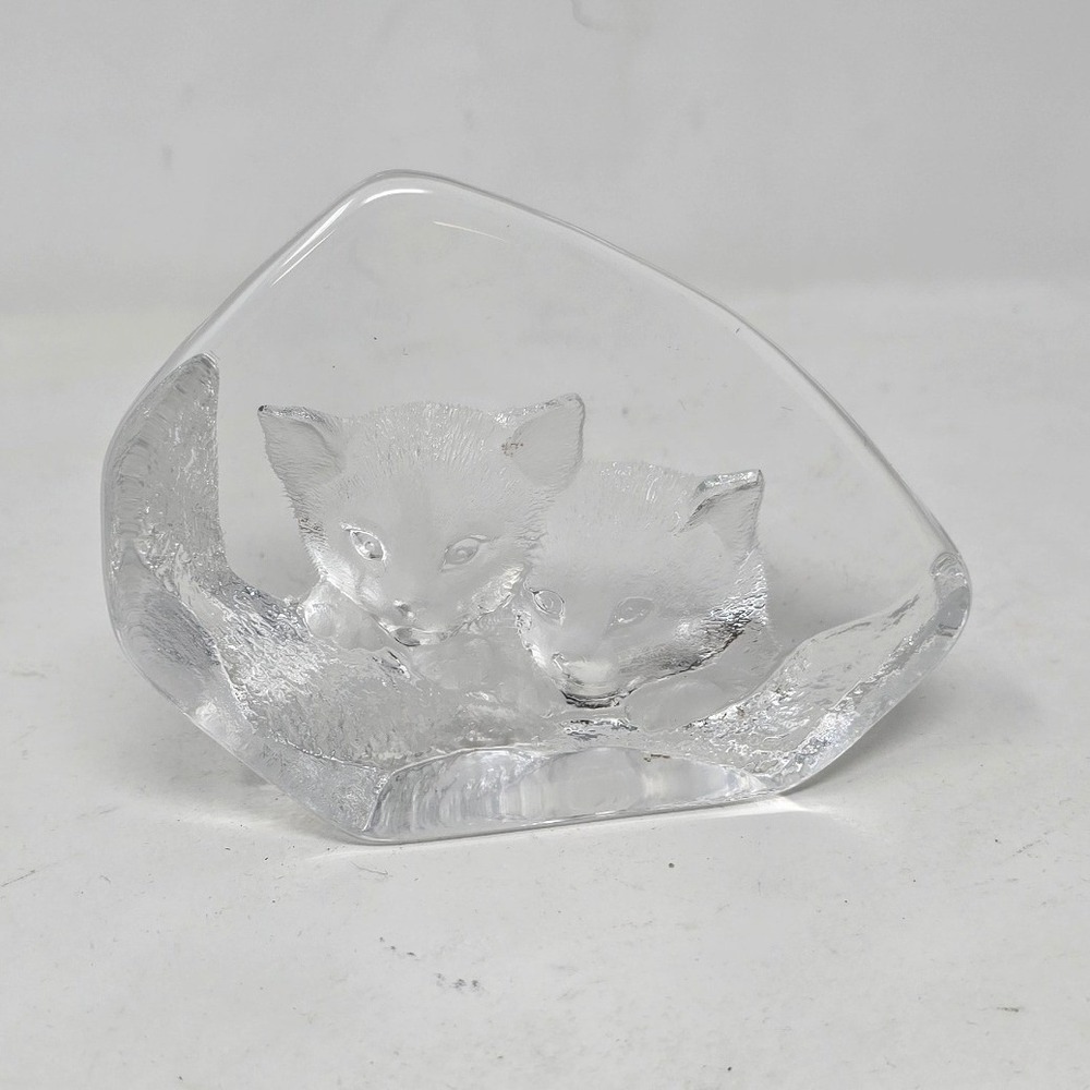 Vtg Mats Jonasson kittens crystal 3D sculpture clear art glass paperweight